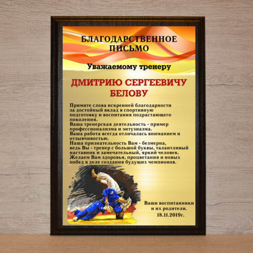 Благодарственное письмо тренеру по дзюдо Благодарственное письмо тренеру по дзюдо